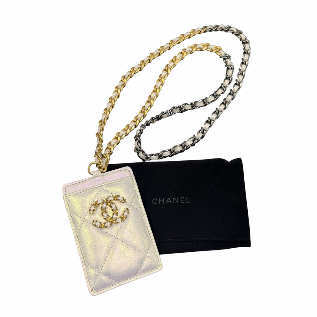 Chanel Quilted Iridescent Calfskin Card Holder On Chain White Luxury Designer