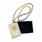 Chanel Quilted Iridescent Calfskin Card Holder On Chain White Luxury Designer