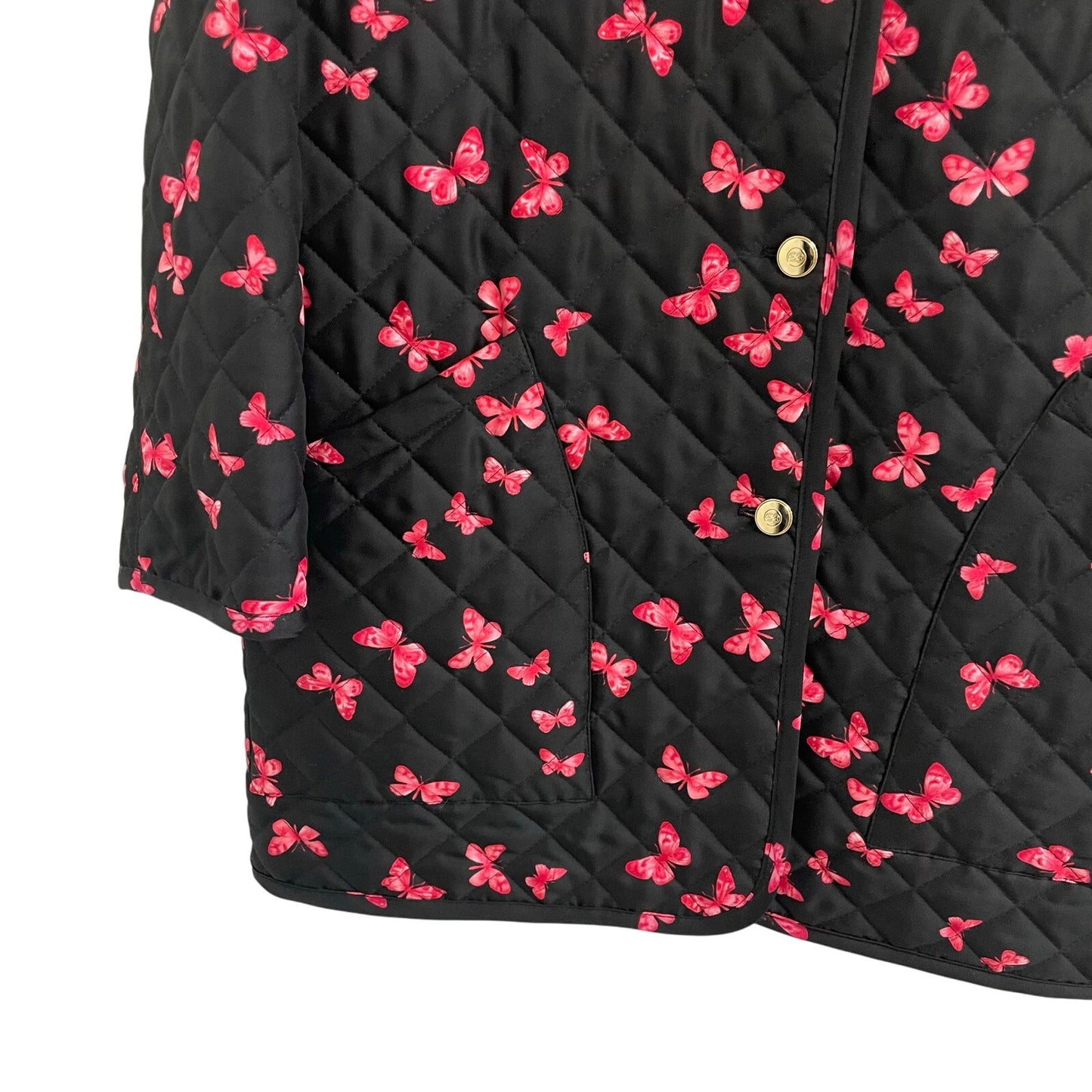 Escada Black Pink Butterfly Print Button Up Quilted Jacket Womens Size 38 / US 8