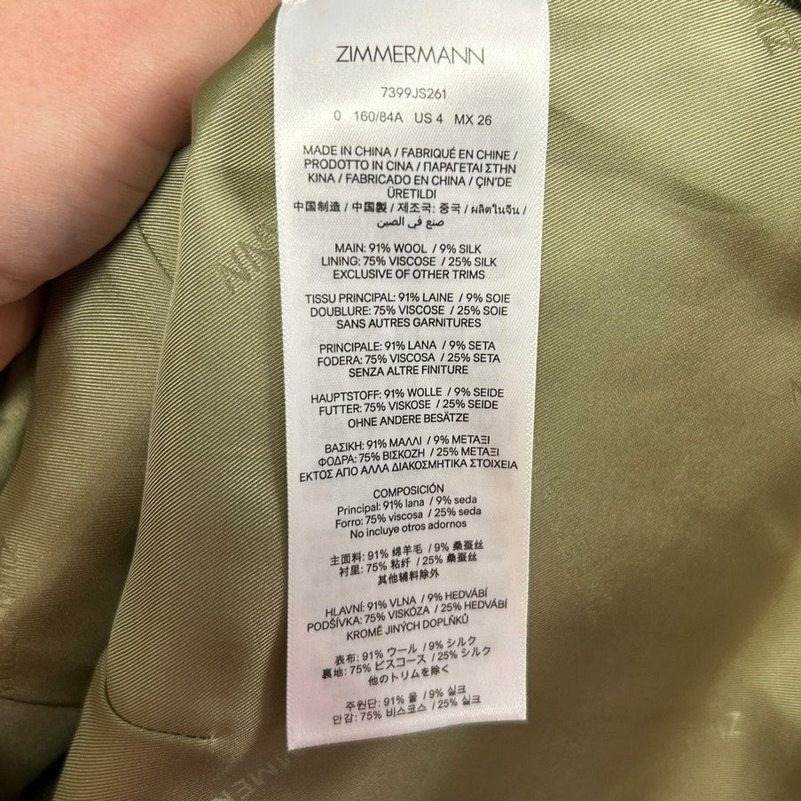 NWT Zimmermann Palm Green Luna Wool Silk Utility Sleeveless Vest Womens US 4