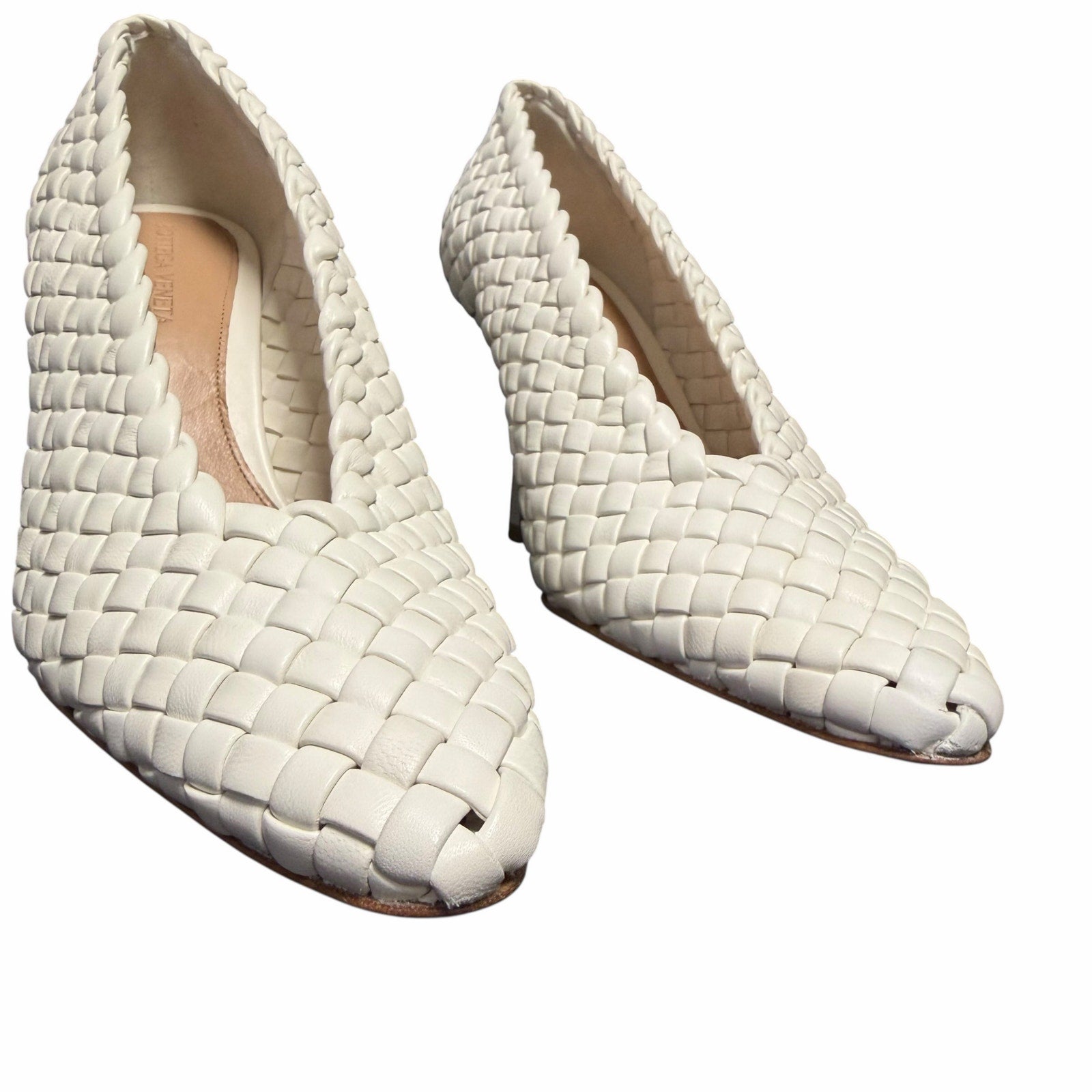 Bottega Veneta Sofia Intrecciato Woven Leather Pumps White Womens