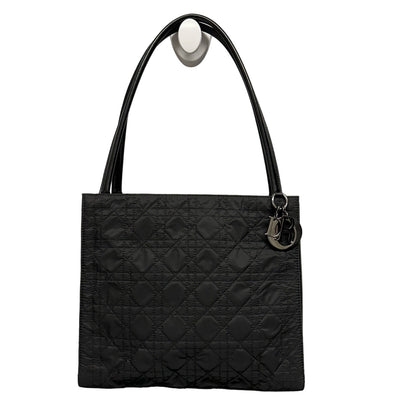 Vintage Christian Dior Cannage Double Handle Quilted Leather Trim Handbag Black