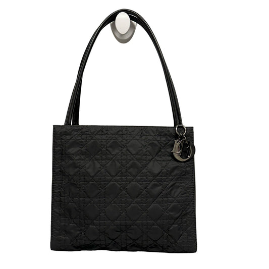 Vintage Christian Dior Cannage Double Handle Quilted Leather Trim Handbag Black