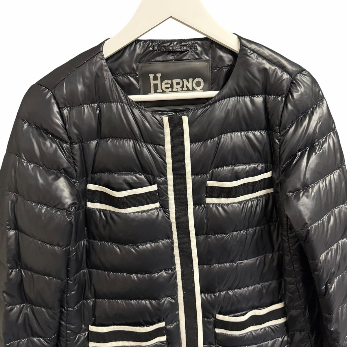 Herno Grosgrain Trim Water Resistant Down Puffer Jacket Black White Size US 8