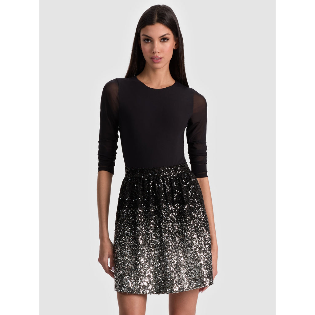 NWT Alice + Olivia Black Silver Sequin Embellished Chara Mini Dress Size 2 Glam