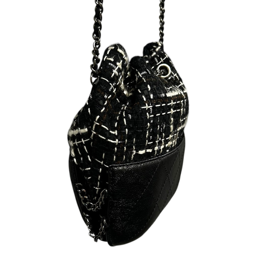 Chanel Gabrielle Black & White Tweed Leather Drawstring Bucket Bag