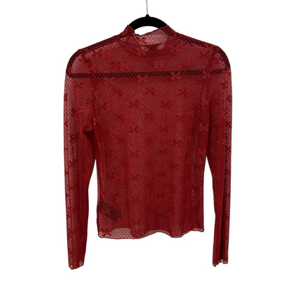 Maeve Red Sheer Bow Print Lace Long Sleeve Turtleneck Pullover Top Womens Small