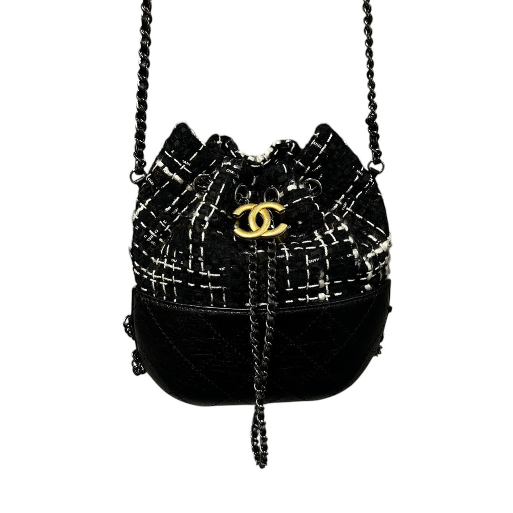 Chanel Gabrielle Black & White Tweed Leather Drawstring Bucket Bag