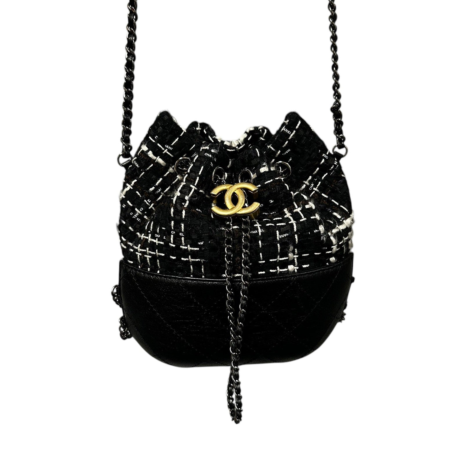 Chanel Gabrielle Black & White Tweed Leather Drawstring Bucket Bag