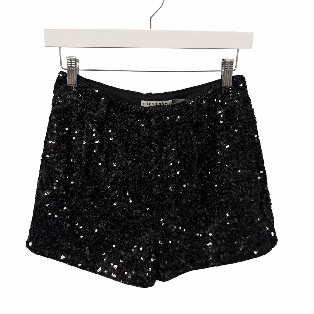 NWT Alice + Olivia Conry Sequin Cuff Short Black High Rise Womens Size 0