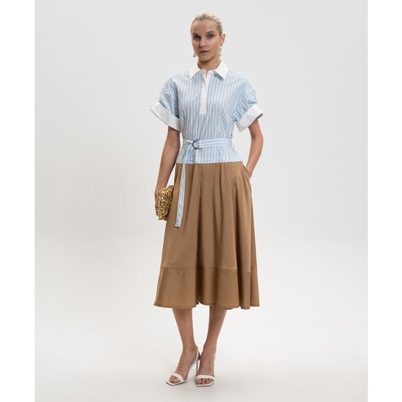NWT Simkhai Hydrangea Blue White Stripe Belted Midi Shirt Dress Womens 2