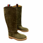 Gucci Slim Horsebit Accent Tall Boots Green Suede Womens Size 39 / US 9 Luxury