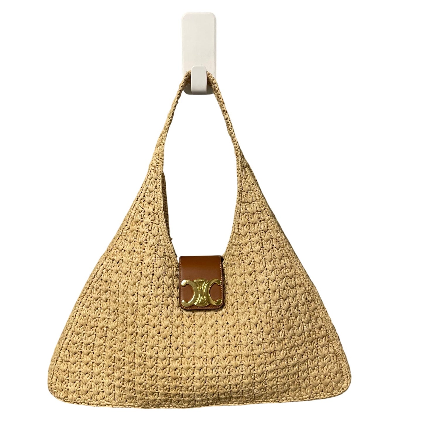 Celine Cabas Triangle Raffia and Calfskin Leather Tote Handbag in Natural / Tan