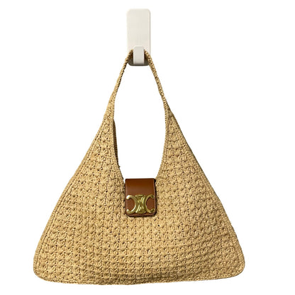 Celine Cabas Triangle Raffia and Calfskin Leather Tote Handbag in Natural / Tan