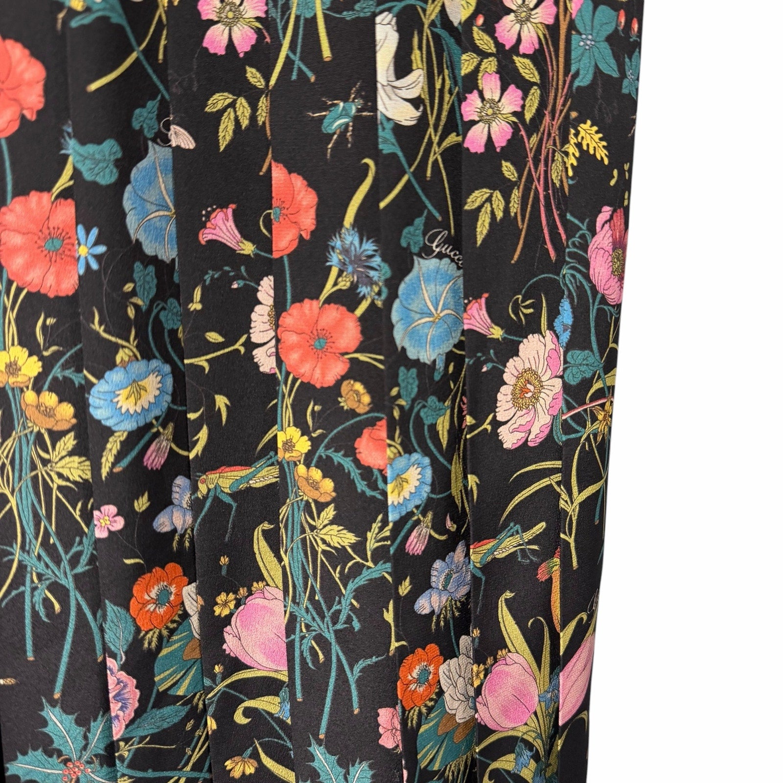 NWT Gucci Silk Pleated Midi Skirt Macro Floral Black Multi Size IT 36 / US 0