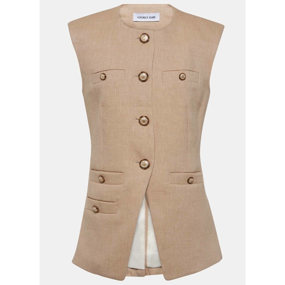 Veronica Beard Tamara Linen Blend Twill Vest Sandalwood Melange Womens 16