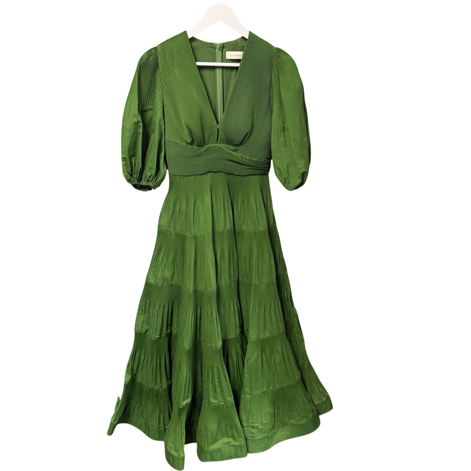 Zimmermann Pleated Tiered Twill Midi Dress Green Womens AU 0 / US 4