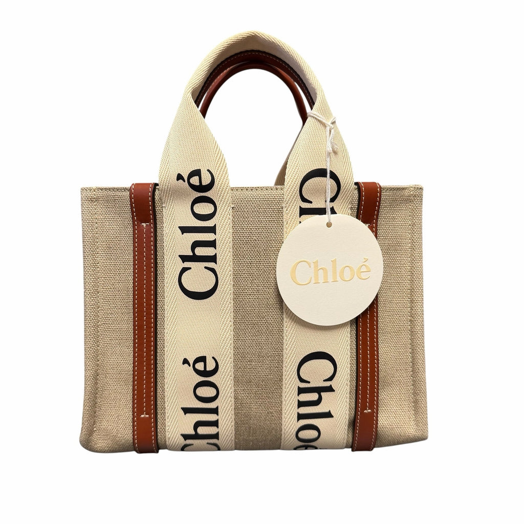 NWT Chloe Woody Small Logo Tote Canvas Linen Leather Shouler Strap White Brown
