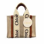NWT Chloe Woody Small Logo Tote Canvas Linen Leather Shouler Strap White Brown