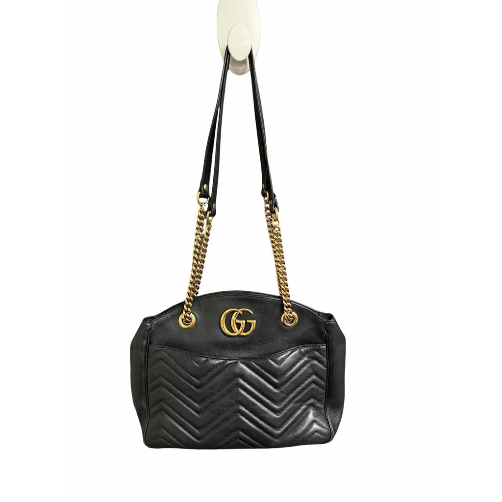 Gucci GG Marmont Black Quilted Leather Handbag Gold Toned Logo Classic Luxury
