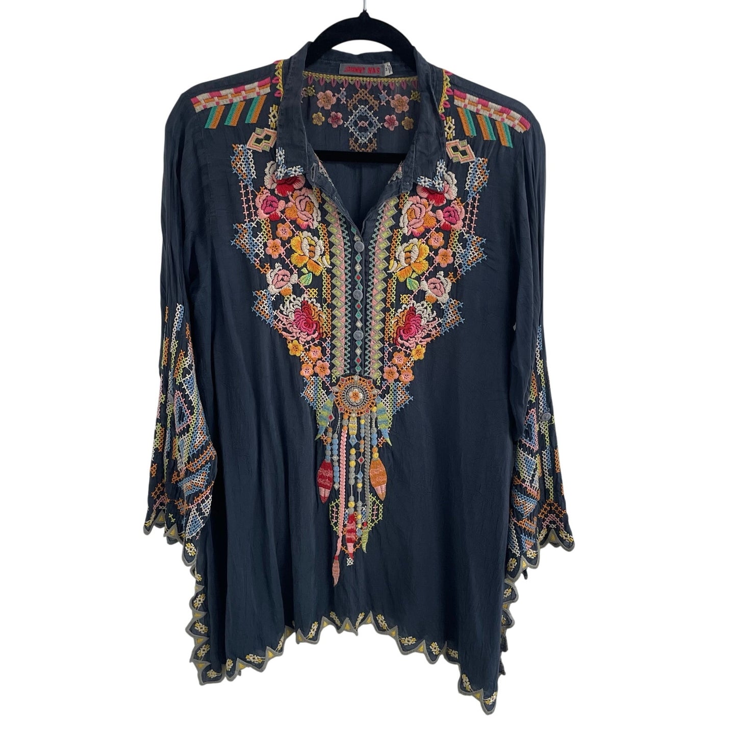 Johnny Was Festival Georgette Tunic Navy Multicolor Embroidery Womens Medium