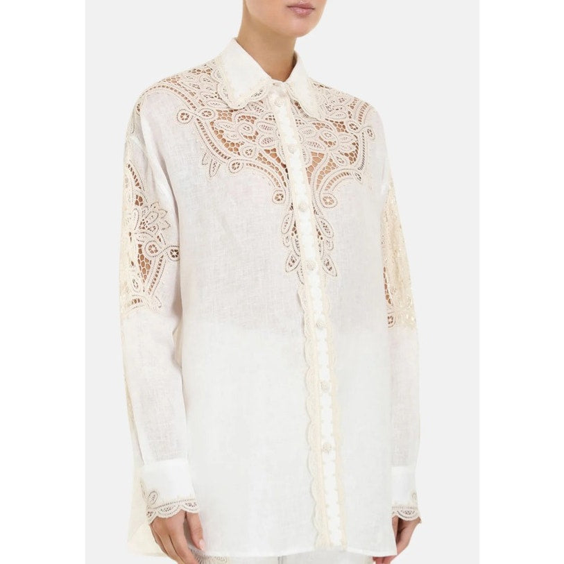 Zimmermann Ivory Cream Laurel Crochet Embellished Linen Shirt Womens 2 / US 8