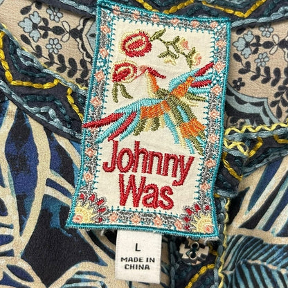 Johnny Was Blue Cream Carly Jessa 100% Silk Printed Tunic Top Womens Size Large