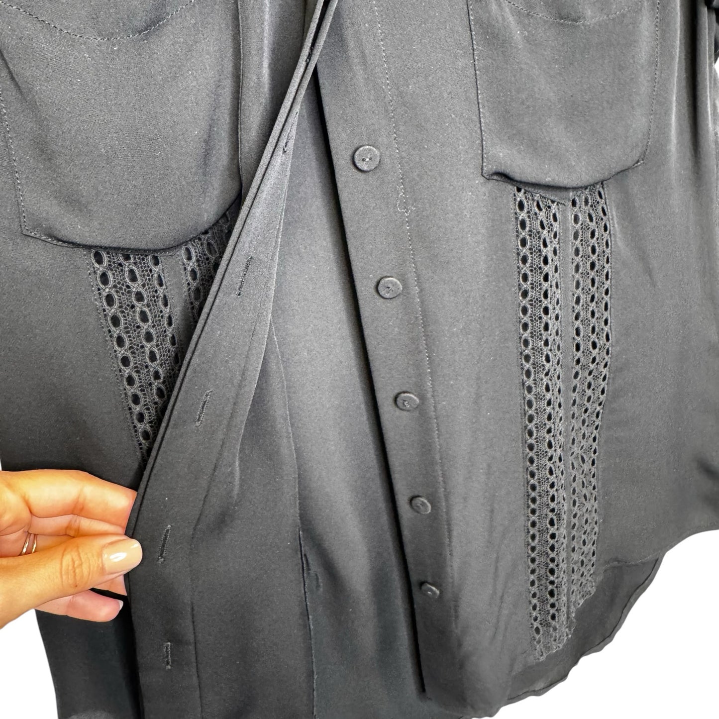 Veronica Beard Black Sleeveless Lace Inset Silk Button Up Top Womens 6