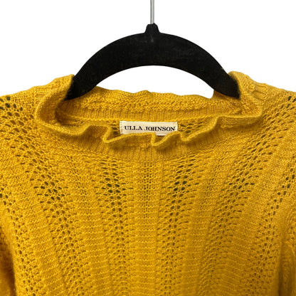 Ulla Johnson Pure Cashmere Ruffle Neck Open Knit Sweater Dark Yellow Size Small
