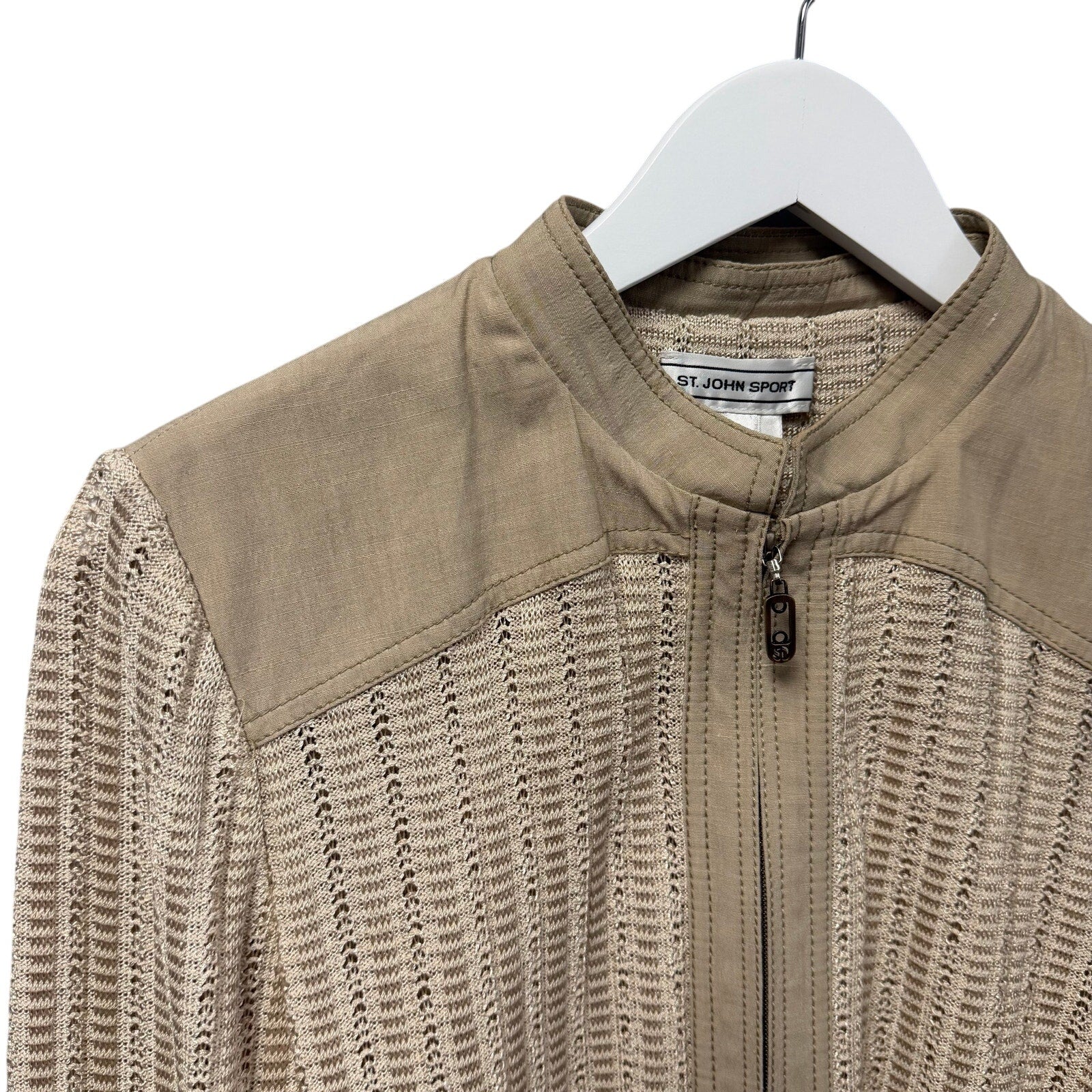 St. John Sport Beige Pointelle Knit Zip Up Cinch Waist Jacket Womens Size Medium