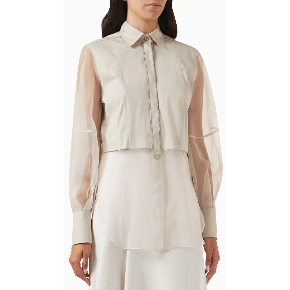 NWD Brunello Cucinelli Monili Trim Shirt in Cotton Silk Blend Beige Womens XXS