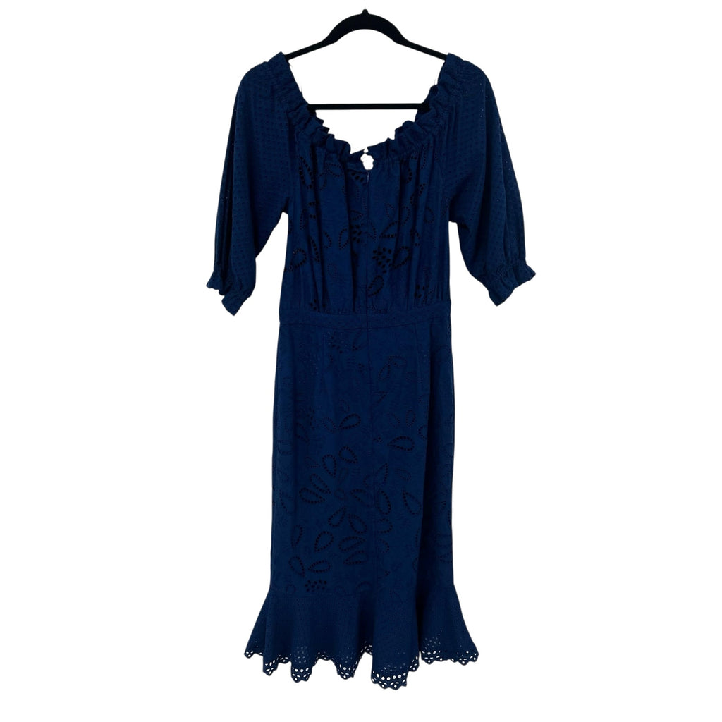 NWT Saloni Deep Blue Navy French Lace Cotton Olivia Midi Dress Womens 6