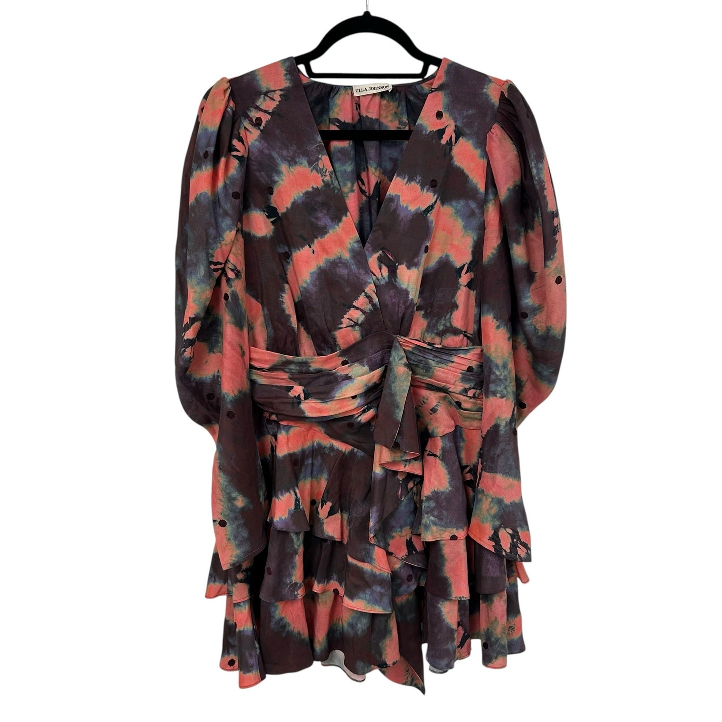 Ulla Johnson Semira Tiered Puff Sleeve Silk Tie Dye Mini Dress Womens Size 8