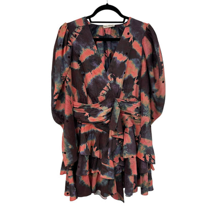 Ulla Johnson Semira Tiered Puff Sleeve Silk Tie Dye Mini Dress Womens Size 8