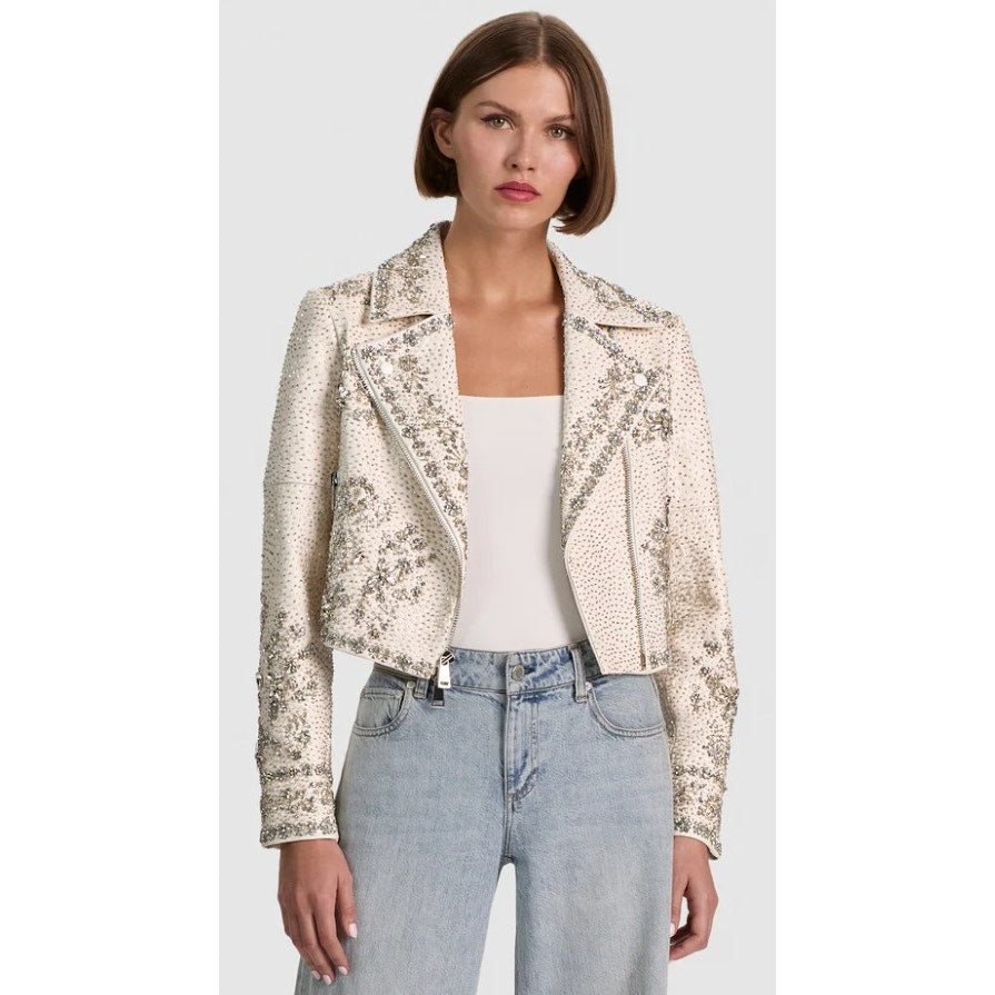 NWT Alice + Olivia Avril Embellished Vegan Moto Jacket Off White Womens Small