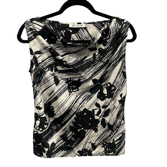 St. John Pure Silk Black White Floral Striped Sleeveless Draped Neck Top Small?