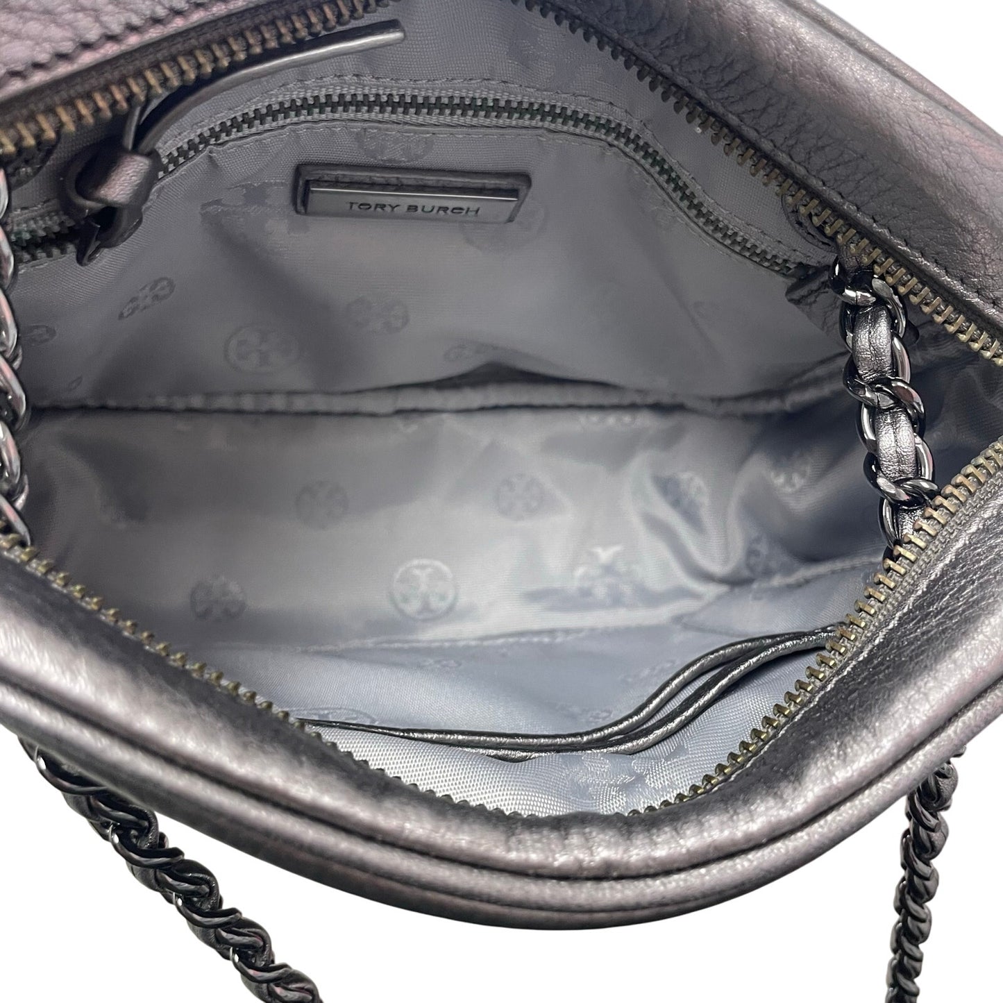 Tory Burch Thea Chain Convertible Crossbody Handbag Gunmetal Metallic Leather