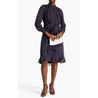 NWT Mikael Aghal Printed Metallic Fil Coupé Chiffon Midi Dress In Navy Womens 8