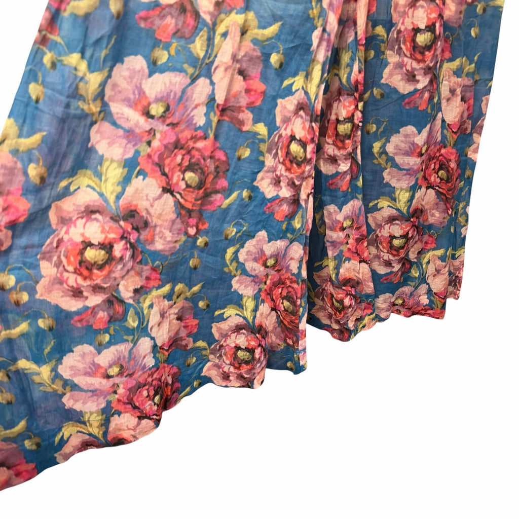Zimmermann Floral High Rise Wide Leg Ramie Pants Belted Teal Pink AU 0 / US 4