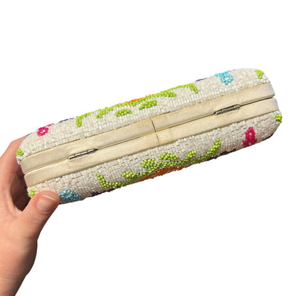 Moyna White Multicolor Printed Beaded Box Clutch / Crossbody Evening Bag