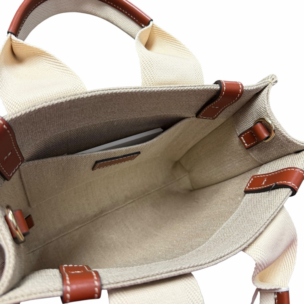 NWT Chloe Woody Small Logo Tote Canvas Linen Leather Shouler Strap White Brown