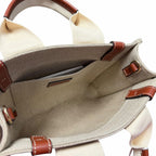 NWT Chloe Woody Small Logo Tote Canvas Linen Leather Shouler Strap White Brown