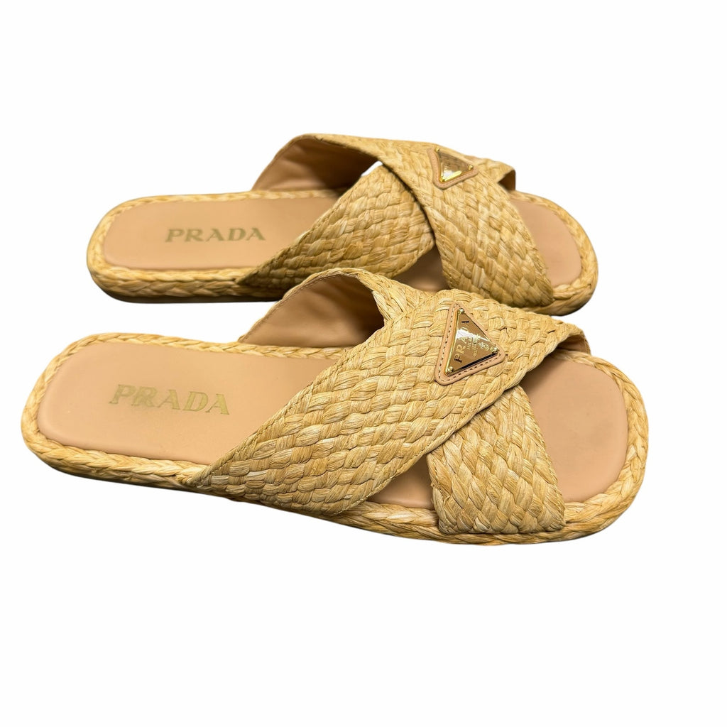 Prada Raffia Criss Cross Slide Sandal Neutral Logo Emblem Size 39 / US 9 Luxury