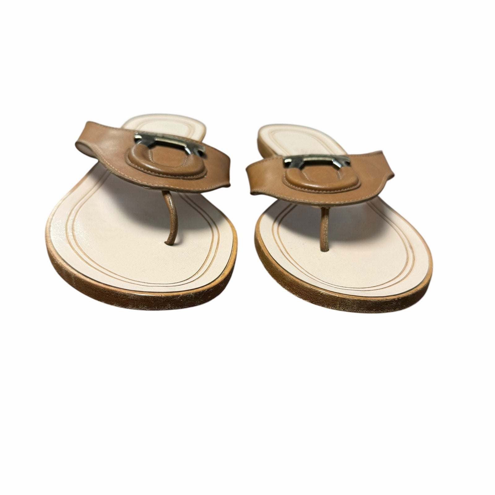 Salvatore Ferragamo Tan Leather Hardware Logo Emblem Thong Sandal Womens 8.5
