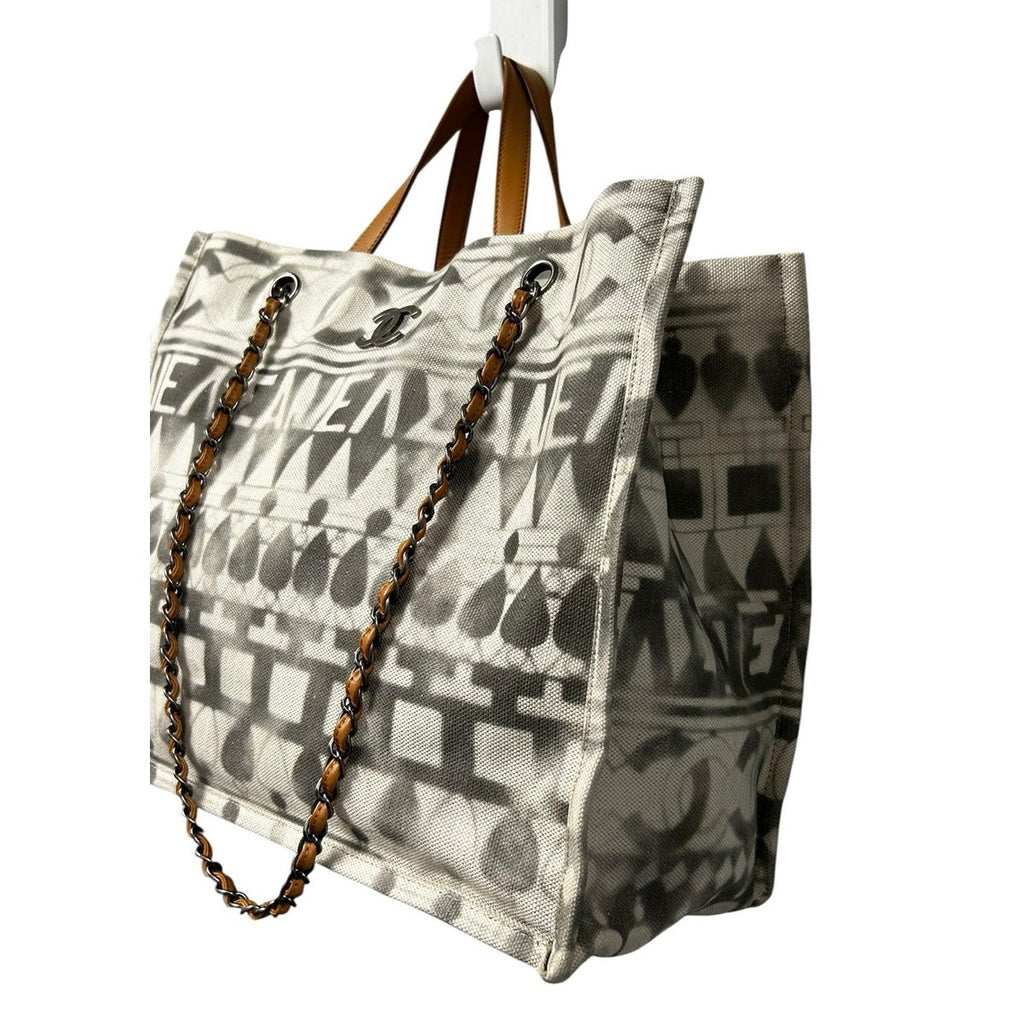 Chanel Cream Gray Canvas Iliad Chain Leather Strap Shopping Tote Bag