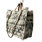 Chanel Cream Gray Canvas Iliad Chain Leather Strap Shopping Tote Bag