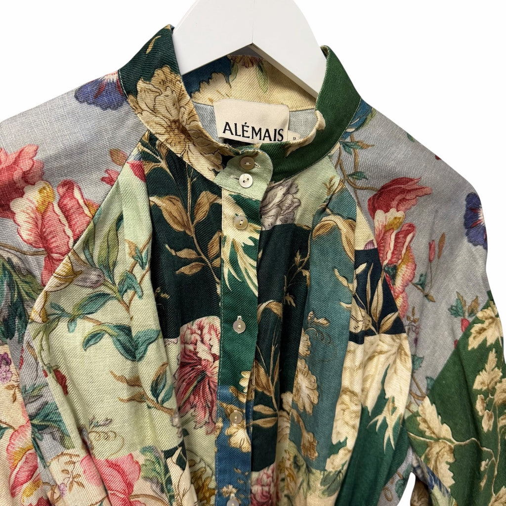 Alemais Loretta Patchwork Dress Green Multi Floral Pure Linen Size AU 12 / US 8