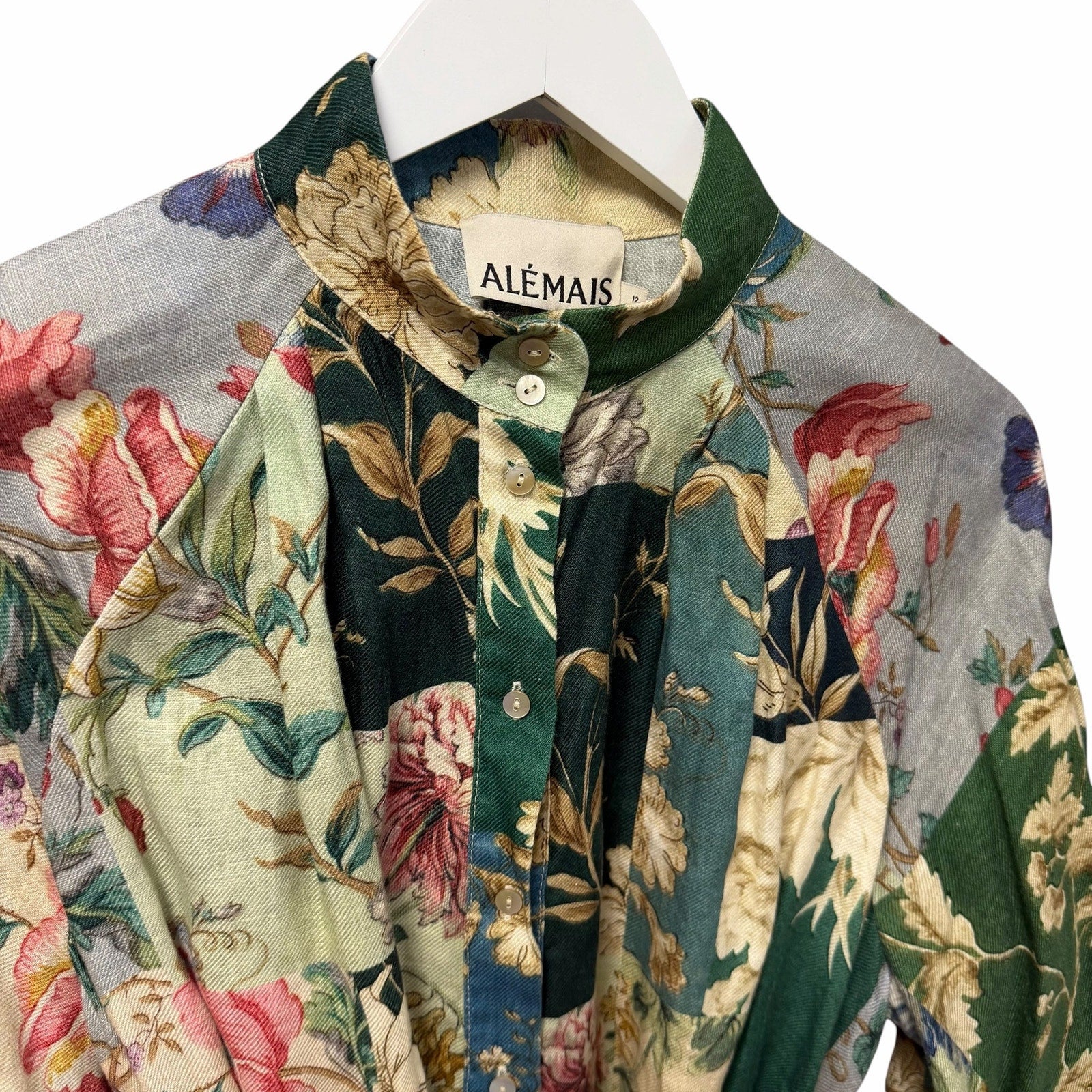 Alemais Loretta Patchwork Dress Green Multi Floral Pure Linen Size AU 12 / US 8