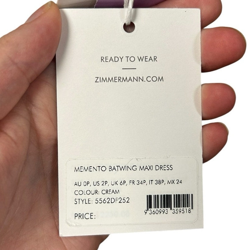 NWT Zimmermann Cream Velvet Body Memento Batwing Maxi Dress Womens US 2P