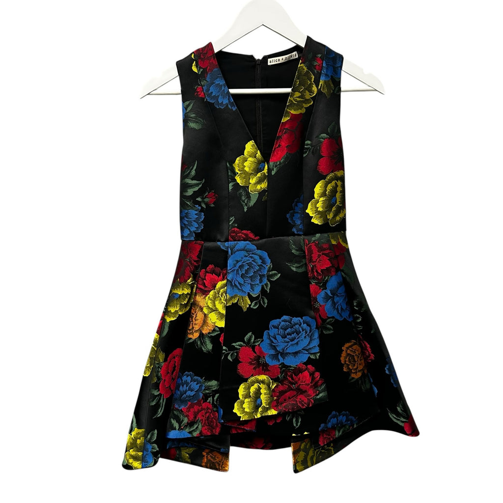 Alice + Olivia Tanner Asymmetric Pleated Black Floral Mini A-Line Dress Womens 2
